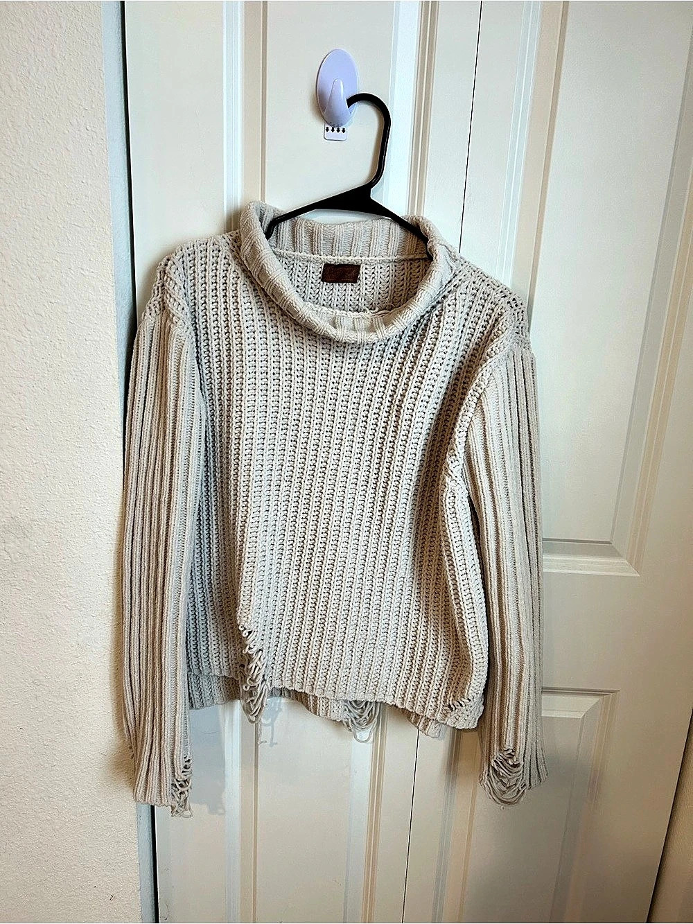 POL Cream Chunky Knit Distressed Sweater Cowl Neck Long Sleeve Boho Grunge